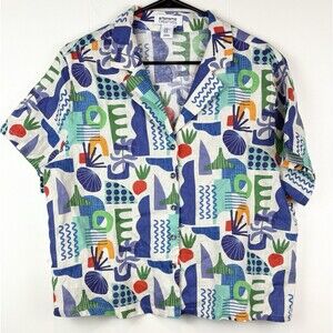 Women's 100% Linen Med Blouse Button Down Artsy Abstract 80s  Artonomo Creatives